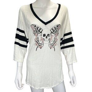Vintage By Torrid Skull & Butterfly Graphic V-Neck Slub Jersey Shirt Size 0/L